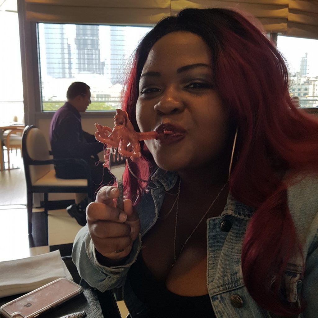 Tamia tries octopus at Armani Deli in Burj Khalifa
